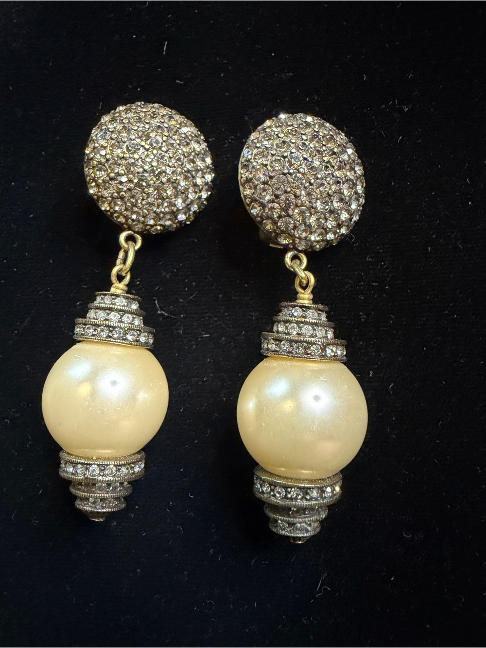 Vintage Heidi Daus Crystal Pave Dome & Faux Pearl Drop Clip-On Earrings